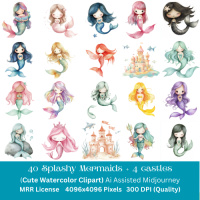 40 Splashy  Mermaid +4 Castles  Colored MRR Clipart Bundle