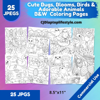 Option 1 -25 JPEGS Cute Bugs, Blooms, Birds &Adorable Animals Coloring Pages