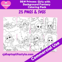 Princess Girls Fantasy Coloring Pages with backgrounds (B&W)